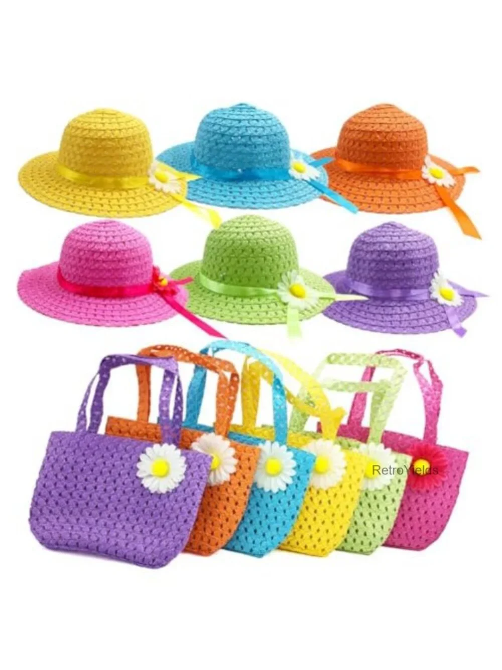 Girls Straw Sun Hat & Purse Set - 6 Pack Kids Tea Party Birthday Gift